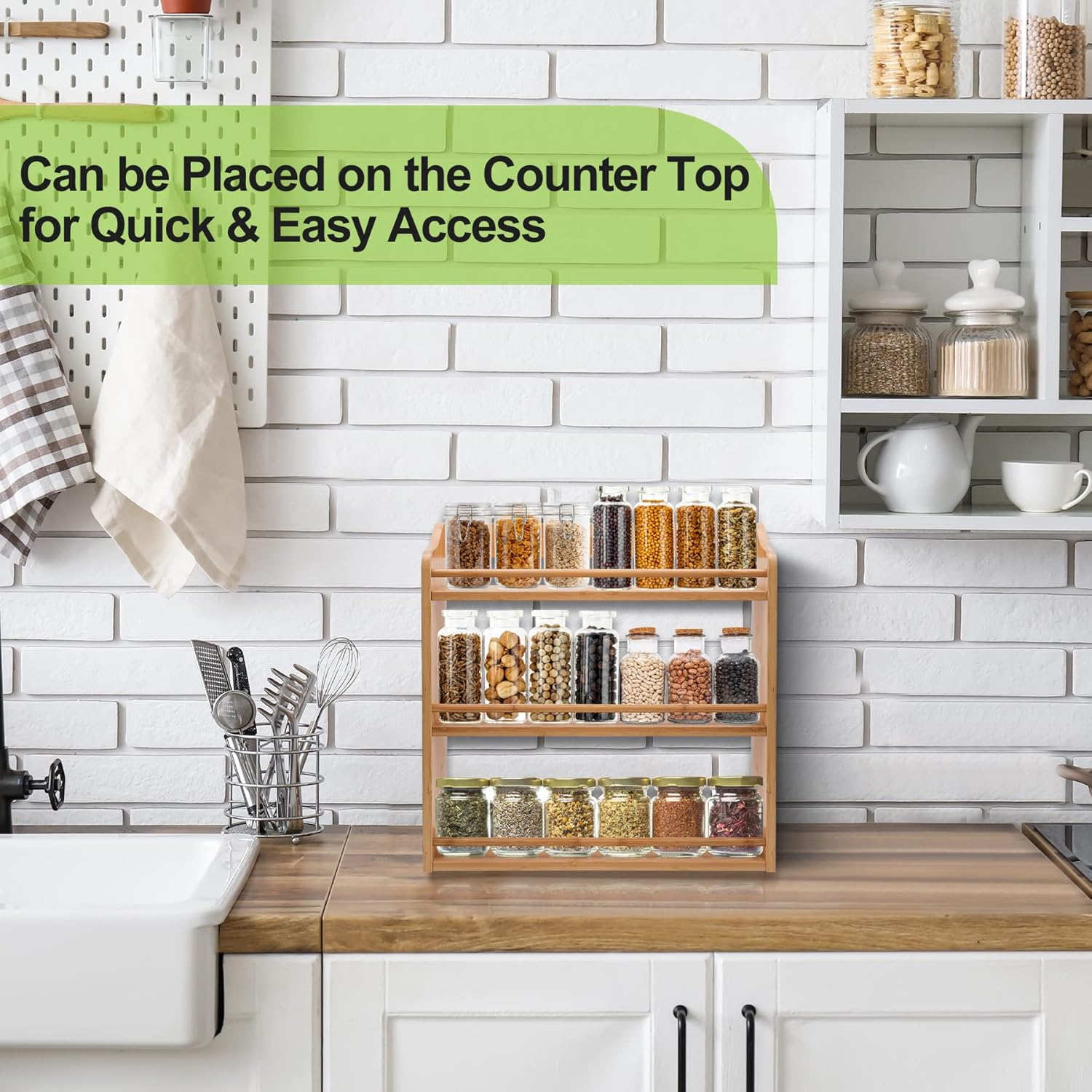 3 Tier Bamboo Spice Rack, Seasoning Jars Rack Shelf Spice Organizer for Kitchen Counter or Wall Mounting - Image 3