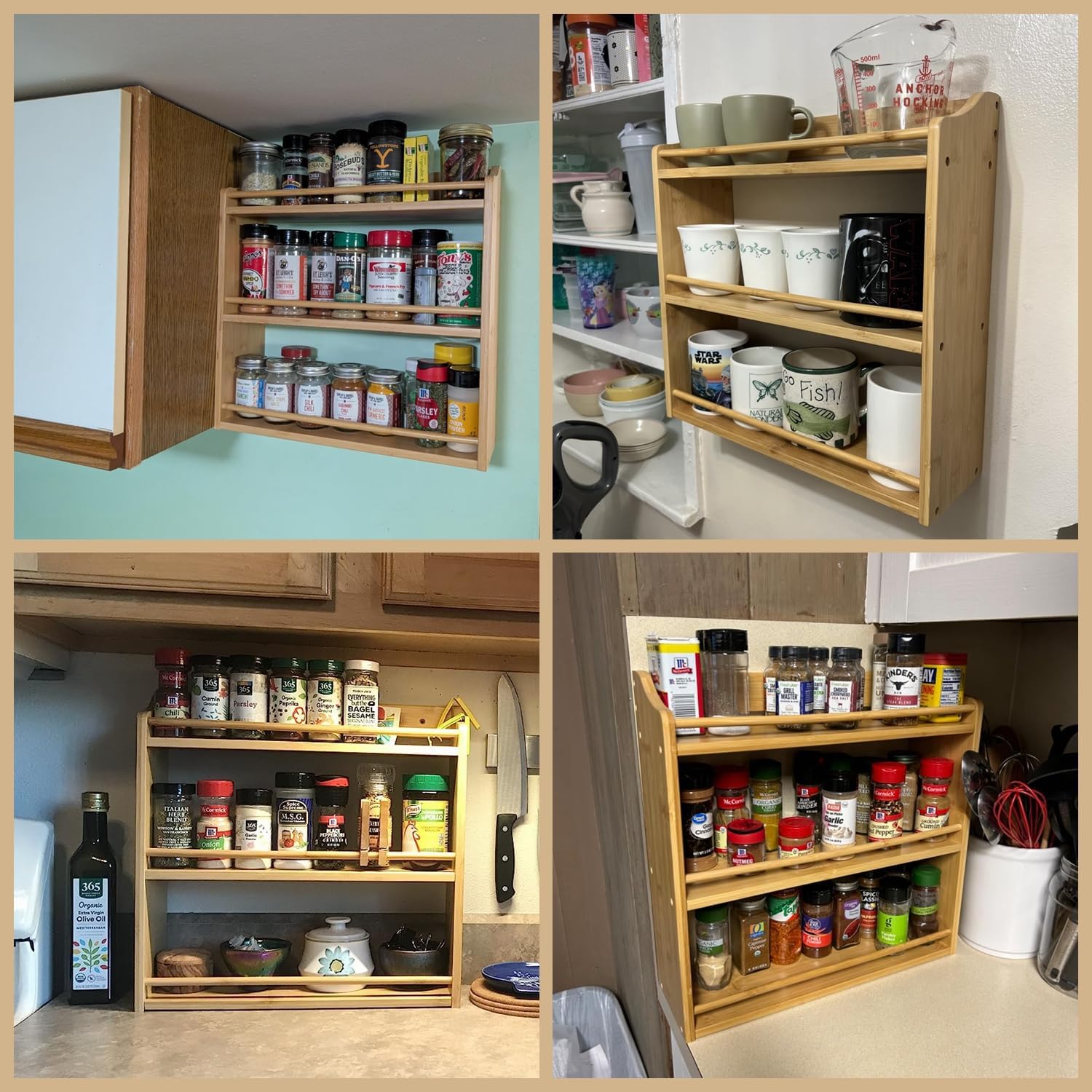 3 Tier Bamboo Spice Rack, Seasoning Jars Rack Shelf Spice Organizer for Kitchen Counter or Wall Mounting - Image 6