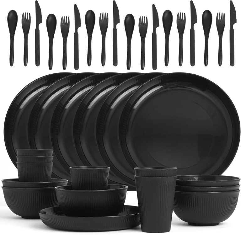 36 pcs Wheat Straw Dinnerware Sets, Unbreakable Reusable Dinnerware Set Kitchen Cups Plates and Bowls Sets, Dishwasher Microwave Safe Plates,Outdoor Camping Dishes (Black)