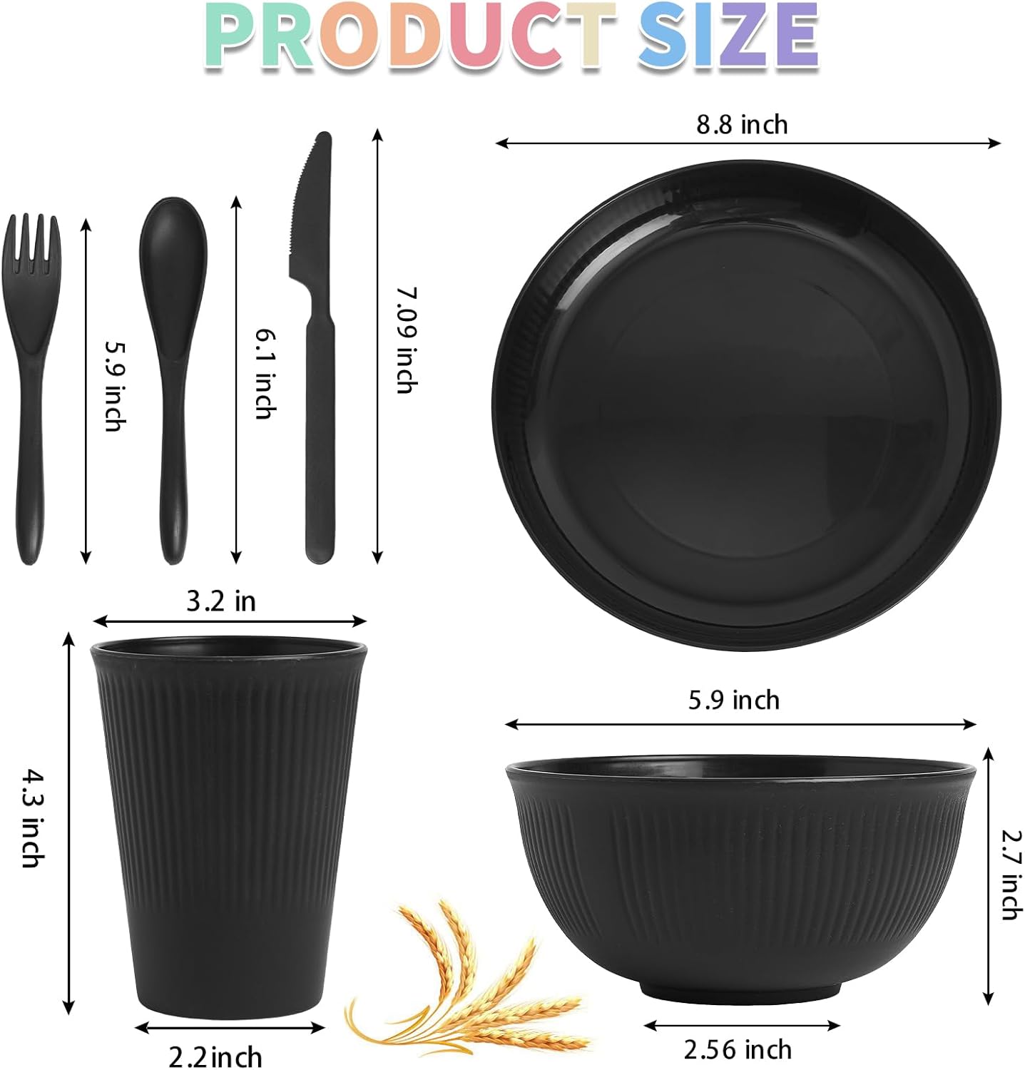 36 pcs Wheat Straw Dinnerware Sets, Unbreakable Reusable Dinnerware Set Kitchen Cups Plates and Bowls Sets, Dishwasher Microwave Safe Plates,Outdoor Camping Dishes (Black) - Image 3