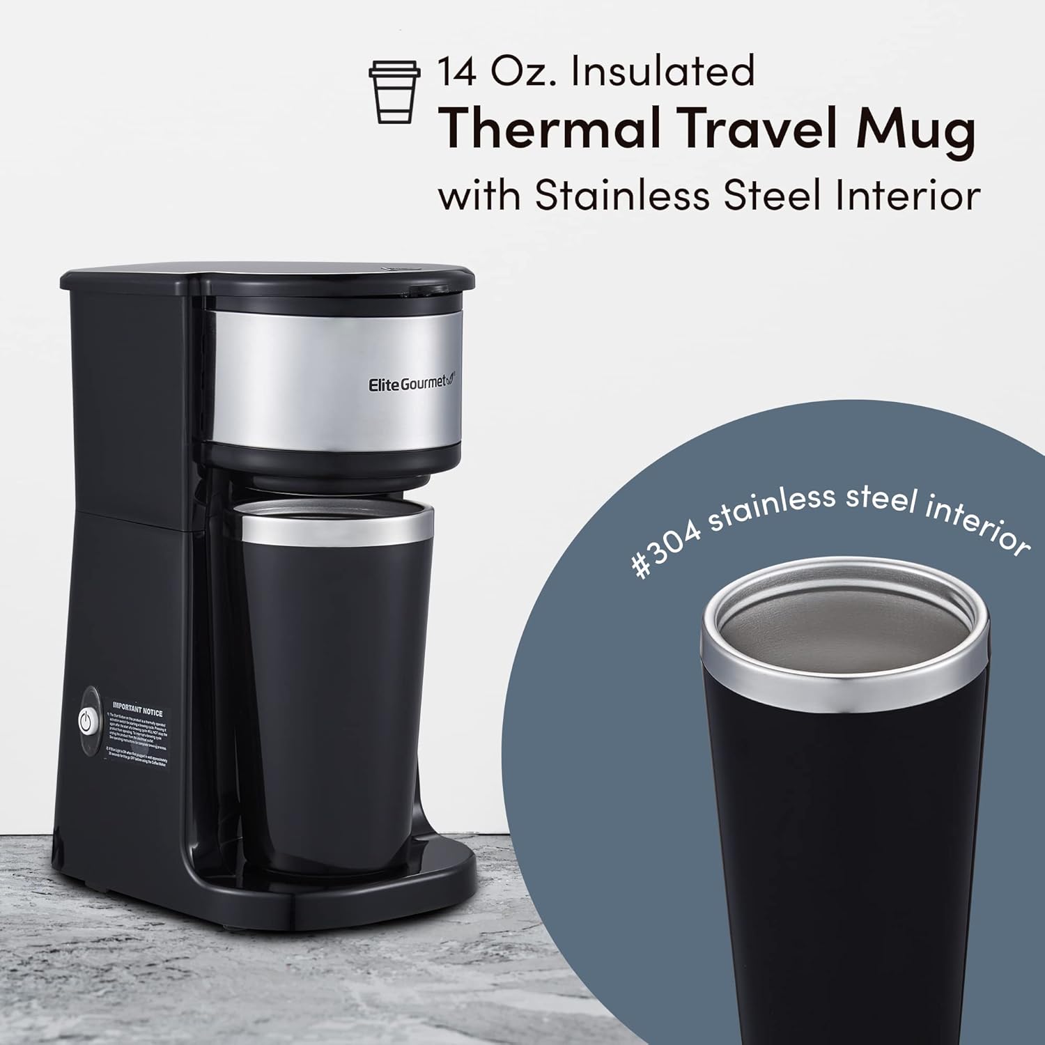 Elite Gourmet EHC-112B Personal Single-Serve Compact Coffee Maker Brewer Includes 14Oz. Thermal Travel Mug with Stainless Steel Interior, Compatible with Coffee Grounds, Reusable Filter, Black